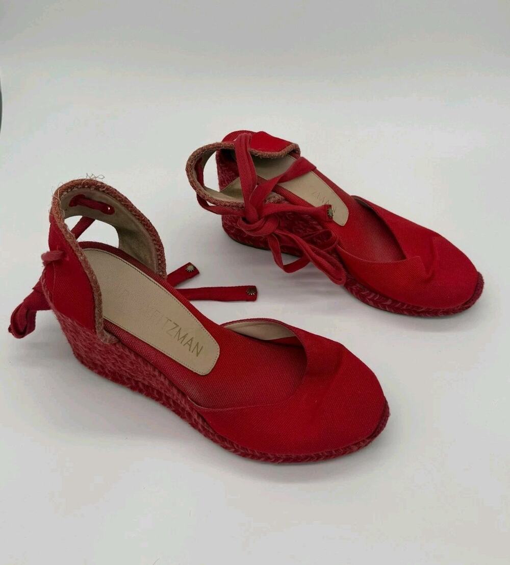Stuart Weitzman Shoes Womens Size 9 Red Canvas Espadrille Wedge Heels Spain